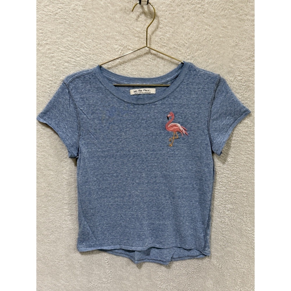 We The Free by Free People Flamingo Babydoll Tee Blue‎ Women's Medium Fun Quirky